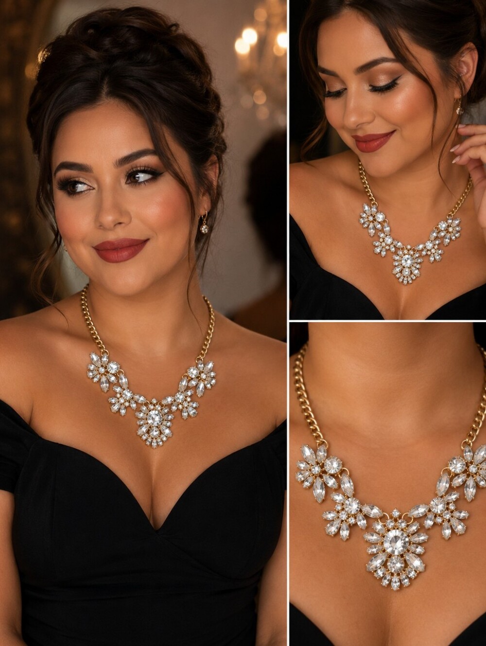 Gold Tone Clear Rhinestone Floral Statement Bib Necklace 15" Adjustable Glam